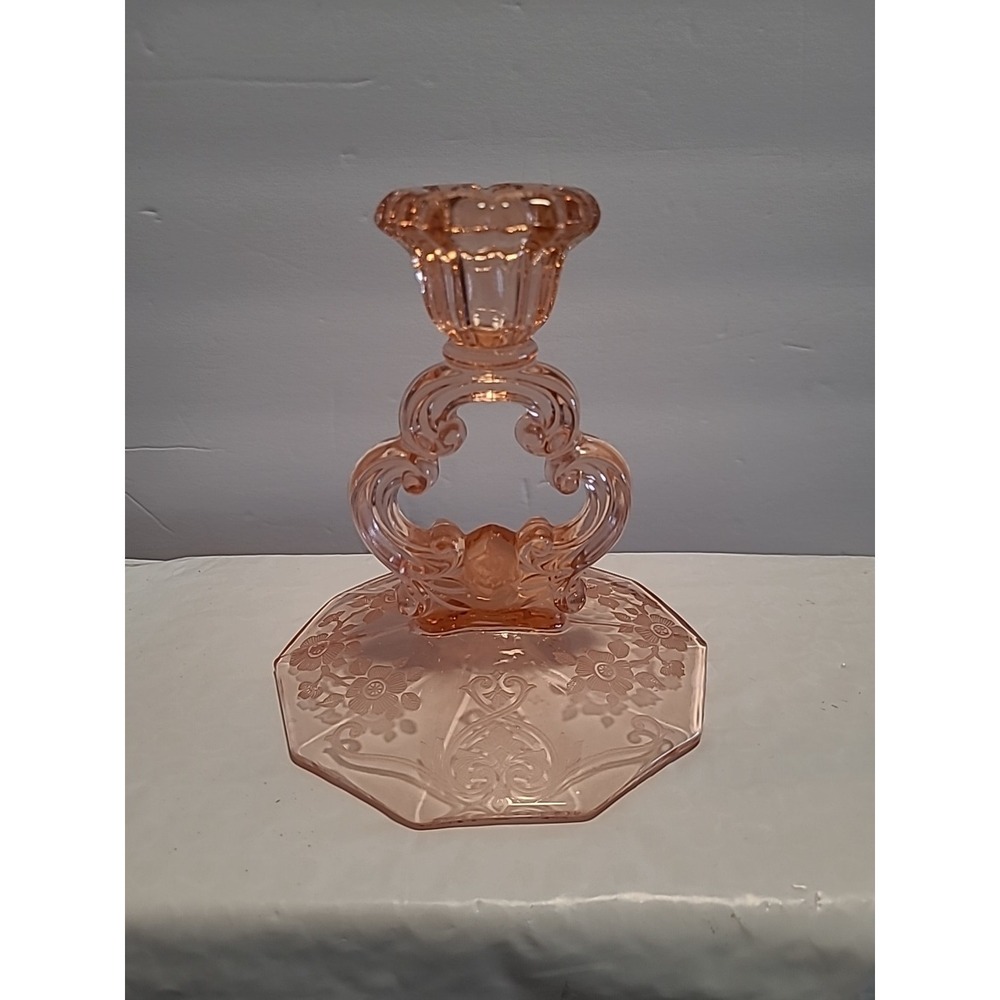Vintage Cambridge Glass Apple Blossom Etch Keyhole Pink Glass Candlestick